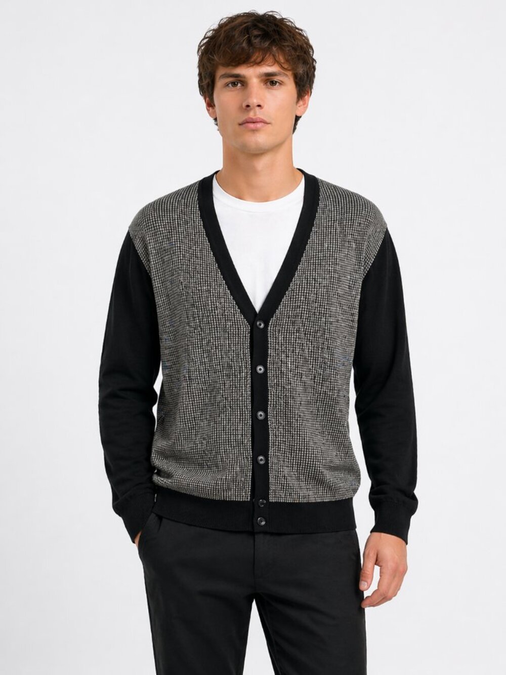PAUL FREDRICK Silk Cotton Houndstooth V-Neck Button Cardigan Men’s Medium